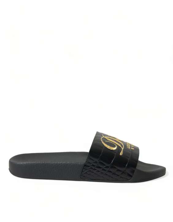 Priser på Dolce & Gabbana Elegant Black and Gold Leather Slides