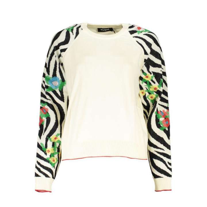 Priser på Desigual Elegant White Crew Neck Sweater with Contrast Details