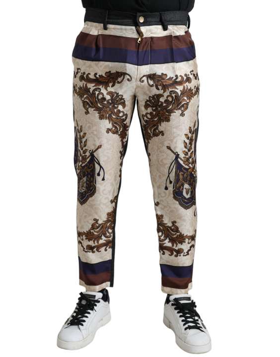 Priser på Dolce & Gabbana Elegant Silk Skinny Pants with Heraldic Print