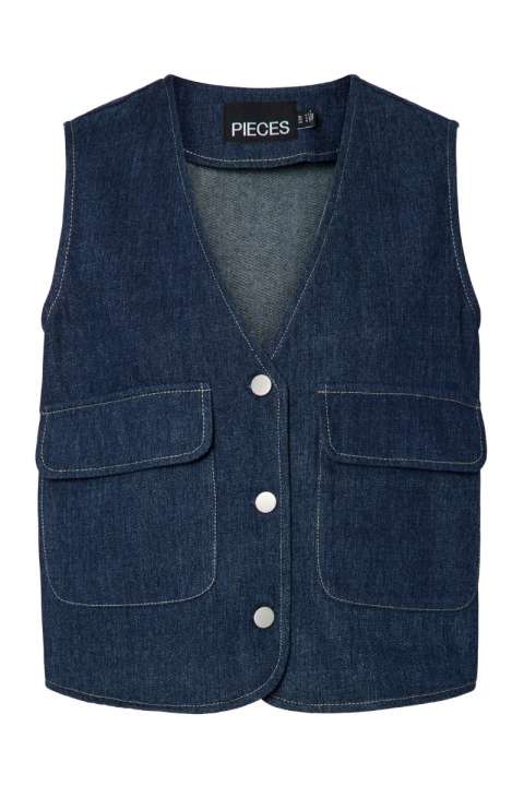 Priser på Pieces - Vest - PC Fabia Sl V-Neck Denim Vest AU24 - Dark Blue Denim