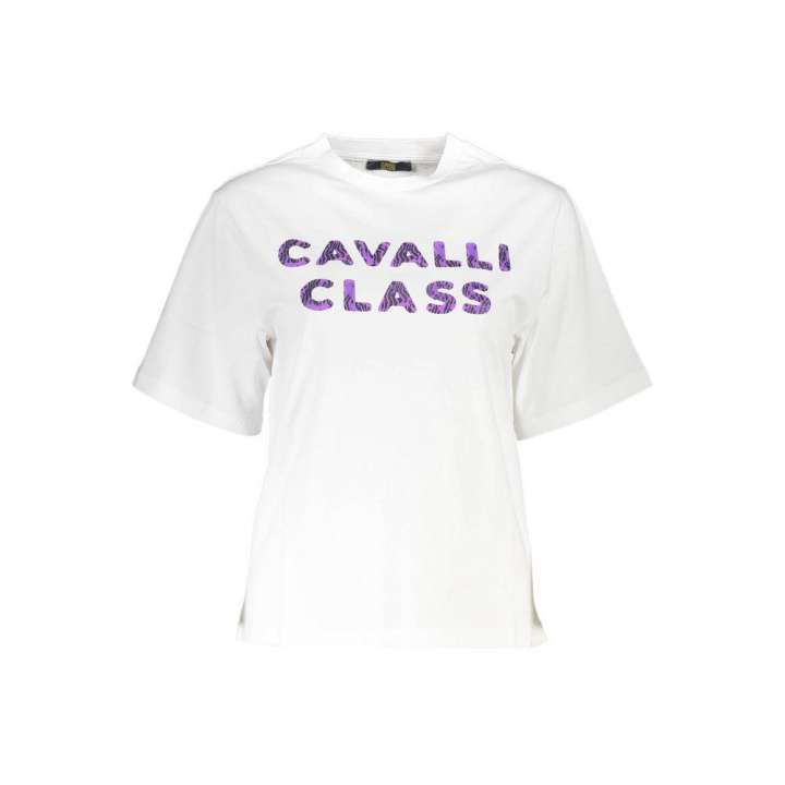 Priser på Cavalli Class Elegant White Cotton Tee with Designer Print