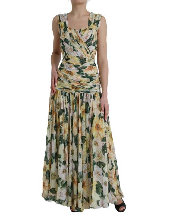 Priser på Dolce & Gabbana Yellow Floral Print Silk Pleated Maxi Dress