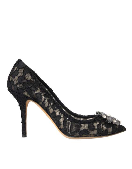 Priser på Dolce & Gabbana Black Taormina Lace Crystal Heel Pumps Sko