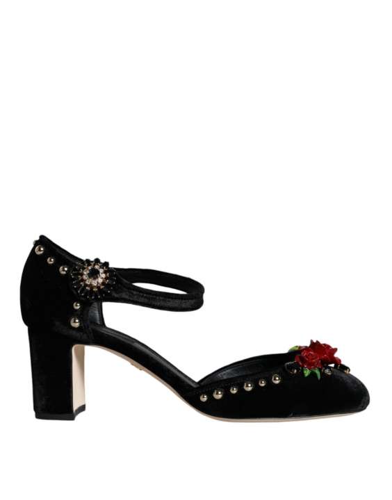 Priser på Dolce & Gabbana Black Velvet Roses Ankle Strap Pumps Sko