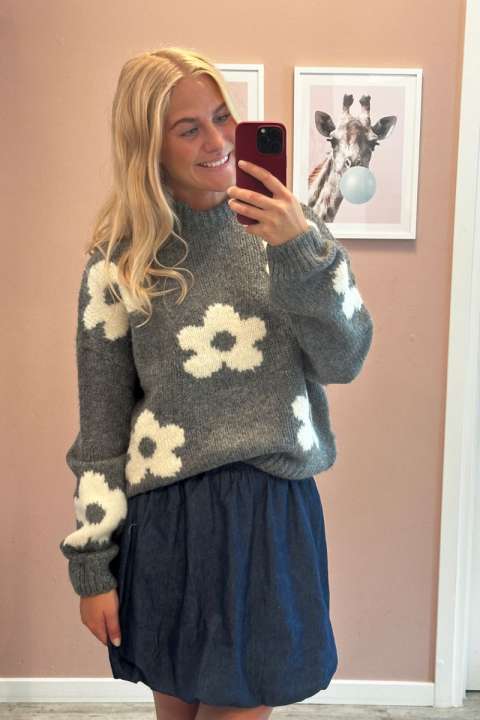 Priser på JDY - Strik - JDY Kilian Flower L/S Pullover Knt - Dark Grey Melange