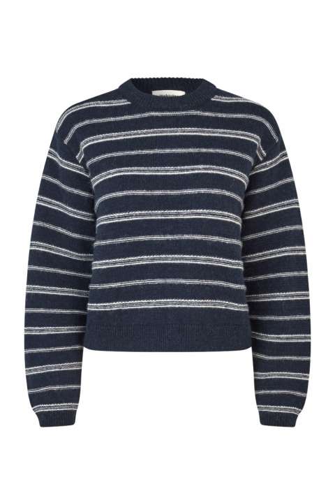 Priser på Modström - Strik - LineusMD Stripe O-neck - Navy Sky Soft White Stripe