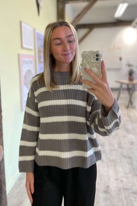 Priser på JDY - Strik - JDY Justy L/S Stripe Pullover - December Sky/Eggnog