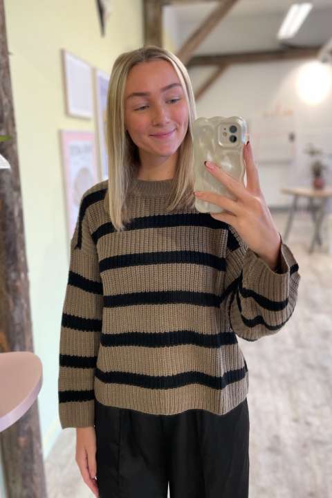 Priser på JDY - Strik - JDY Justy L/S Stripe Pullover - Walnut/Black