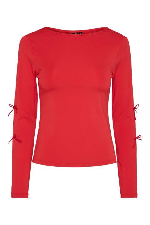 Priser på Pieces - Bluse - Pc Selina Ls O-Neck Bow Top D2D - High Risk Red