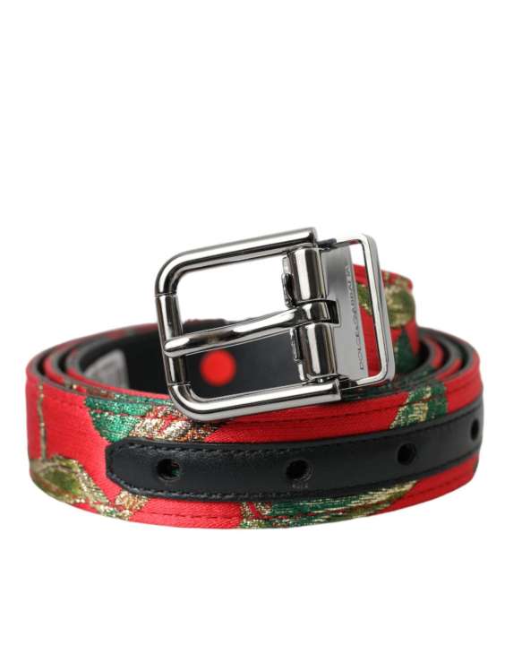 Priser på Dolce & Gabbana Red Leather Jacquard Silver Metal Buckle Belt