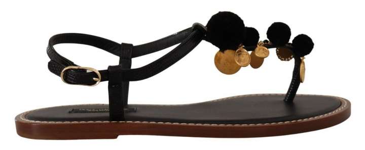 Priser på Dolce & Gabbana Chic Leather Ankle Strap Flats with Gold Detailing