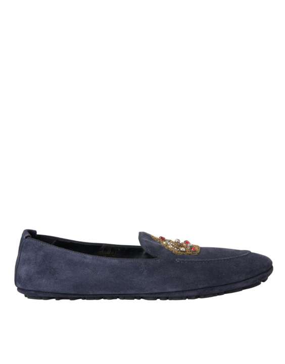 Priser på Dolce & Gabbana Blue Leather Suede Crystal Crown Loafers Sko