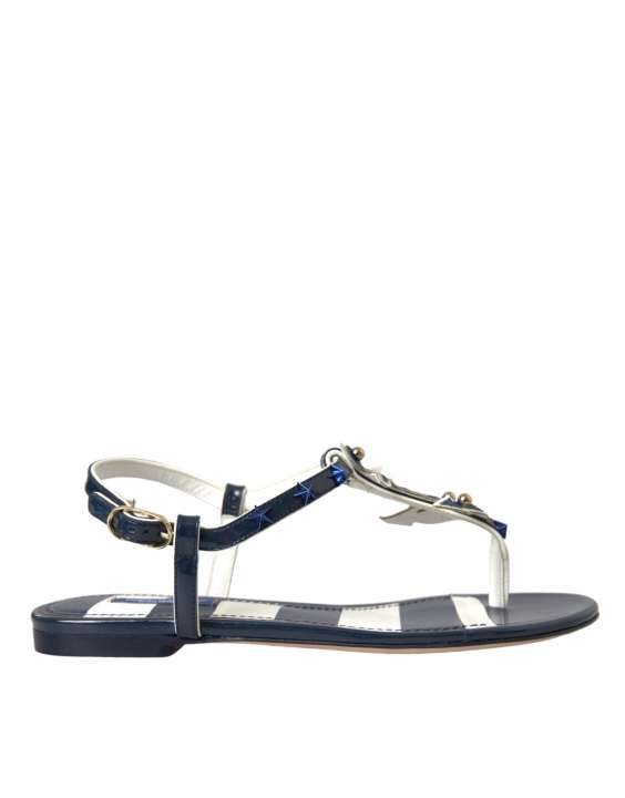 Priser på Dolce & Gabbana Blue Stripes Leather Studded Flats SandalerSko