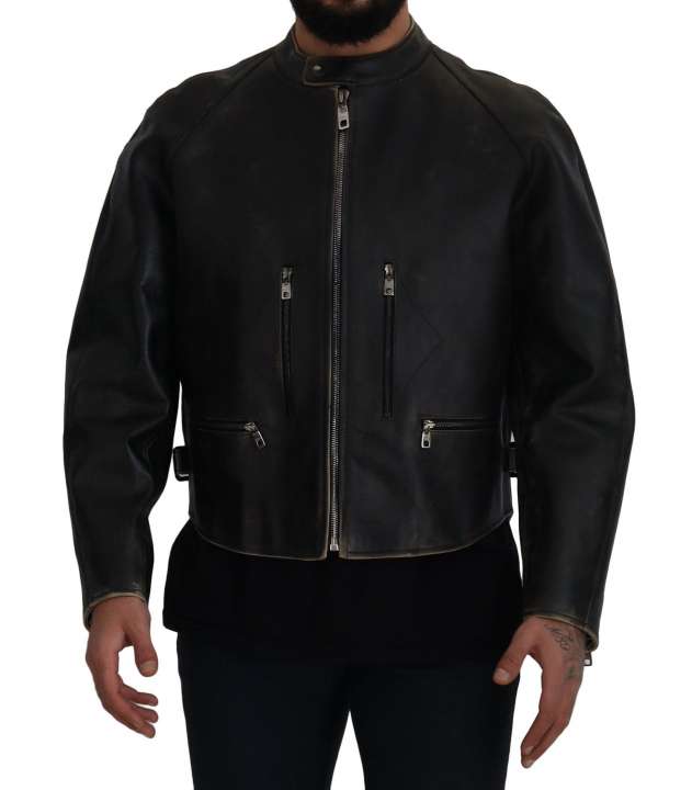 Priser på Dolce & Gabbana Elegant Black Leather Jacket with Silver Details