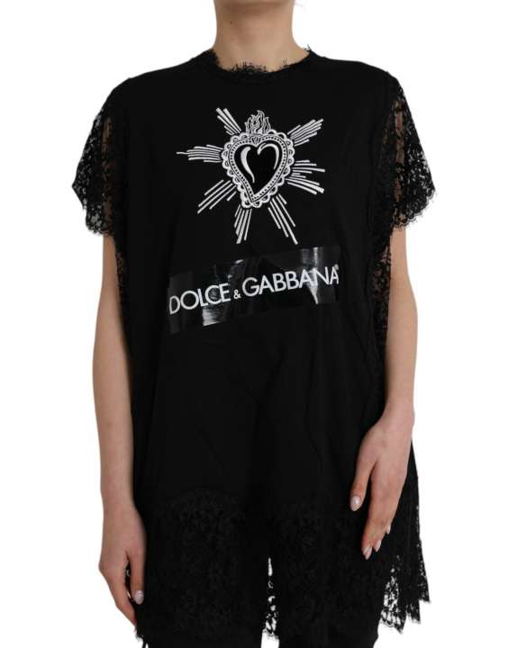 Priser på Dolce & Gabbana Black Sacred Heart Print Cotton Lace T-shirt