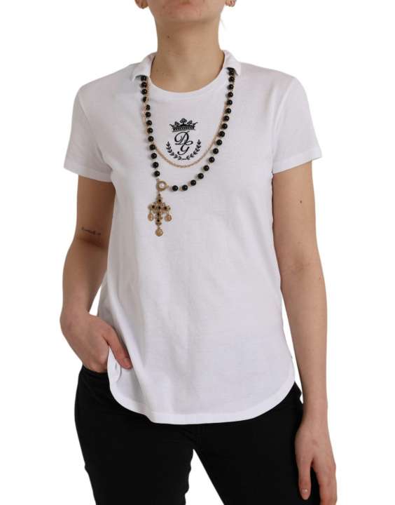 Priser på Dolce & Gabbana White Cotton Necklace Short Sleeves T-shirt