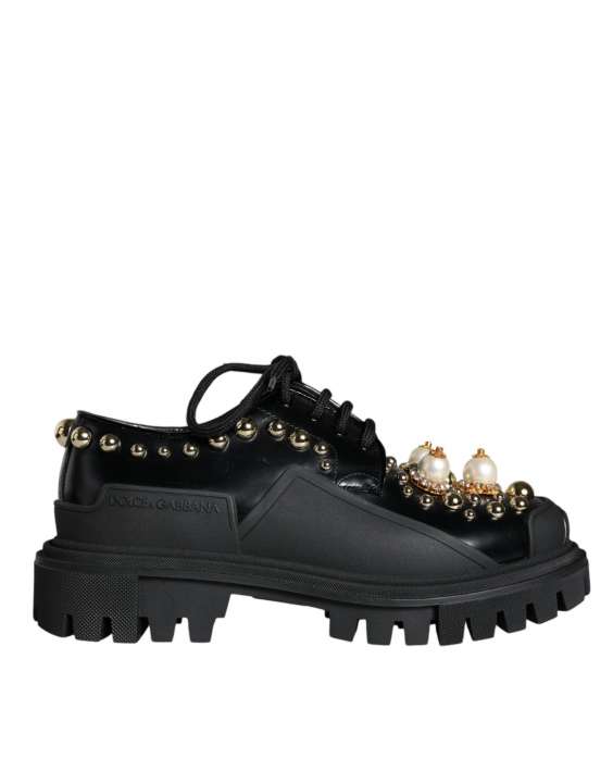 Priser på Dolce & Gabbana Black Leather Trekking Derby Embellished Sko