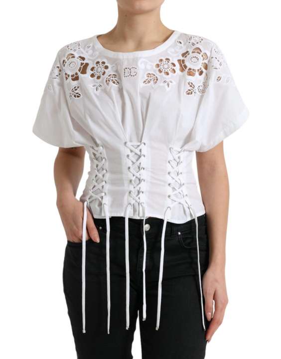 Priser på Dolce & Gabbana Elegant White Floral Lace-Up Blouse