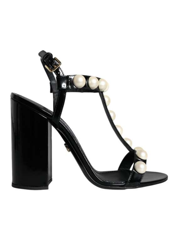 Priser på Dolce & Gabbana Black Leather Pearls T-strap Sandals Sko