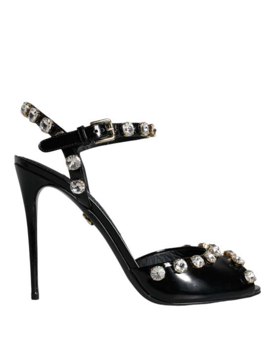 Priser på Dolce & Gabbana Black Leather Crystal Ankle Strap Sandals Sko