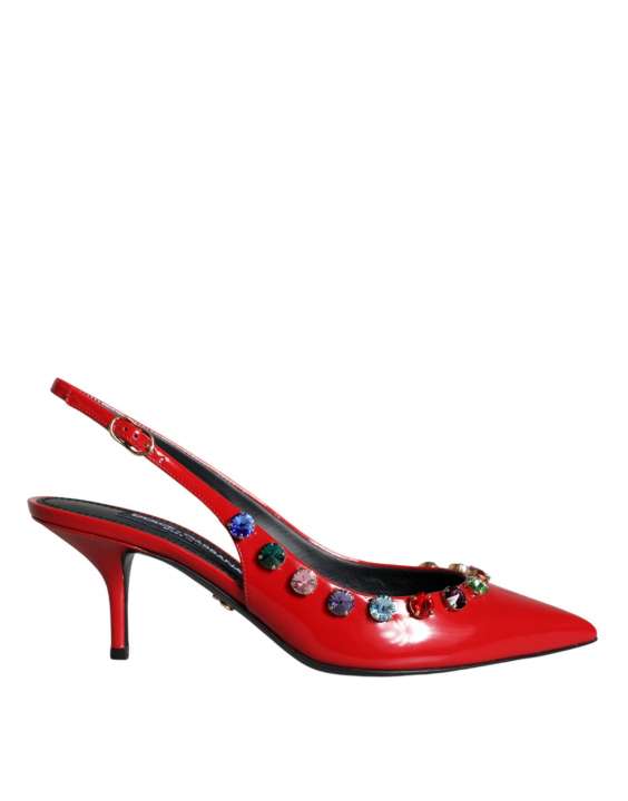 Priser på Dolce & Gabbana Red Leather Crystal Heels Slingback Sko