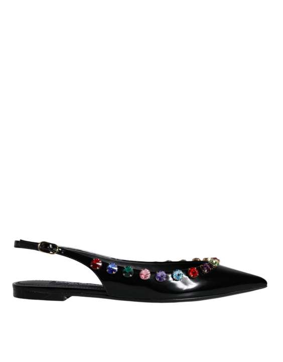 Priser på Dolce & Gabbana Black Leather Crystal Flats Slingback Sko