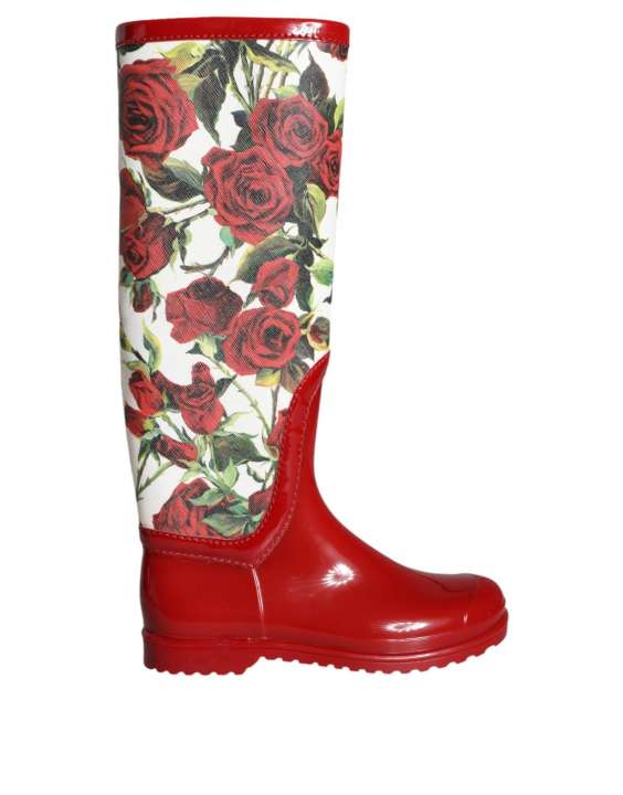 Priser på Dolce & Gabbana Red Floral Rubber Knee High Flat Boots Sko