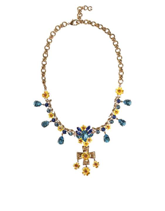 Priser på Dolce & Gabbana Gold Brass Chain Floral Crystal Cross Pendant Necklace