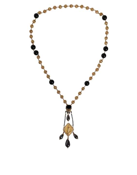 Priser på Dolce & Gabbana Gold Chain Brass Black Beaded Rosary Style Necklace