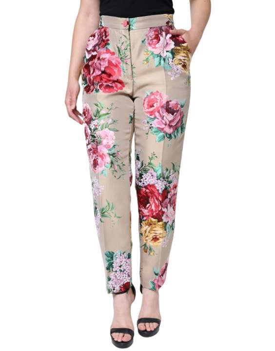 Priser på Dolce & Gabbana Beige Floral Jacquard High Waist Tapered Pants