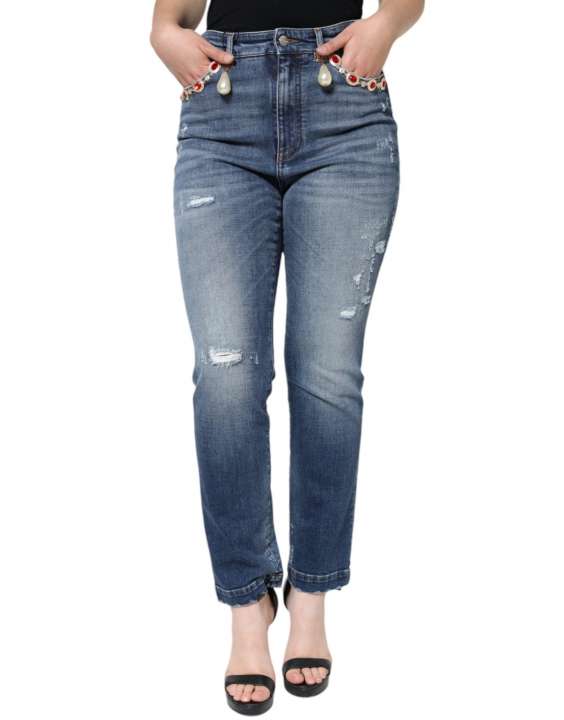 Priser på Dolce & Gabbana Dark Blue Cotton Tattered Skinny Denim Jeans