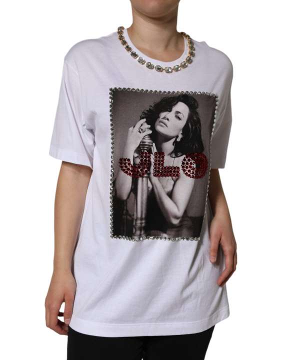 Priser på Dolce & Gabbana White Crystal Neckline Embellished Printed T-shirt