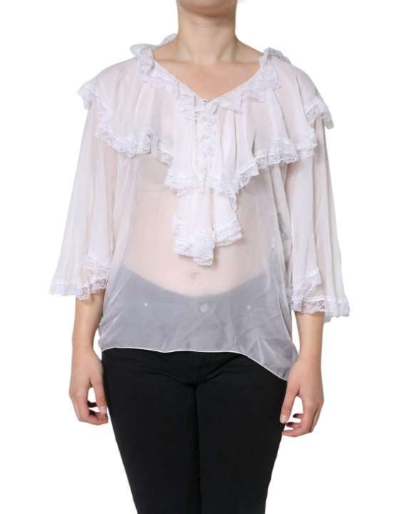 Priser på Dolce & Gabbana White Ruffles Lace Long Sleeve Blouse Top