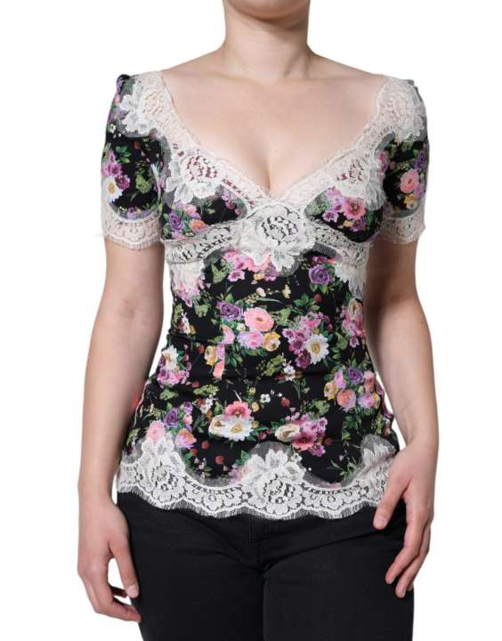 Priser på Dolce & Gabbana Black Floral Lace Short Sleeves Blouse Top