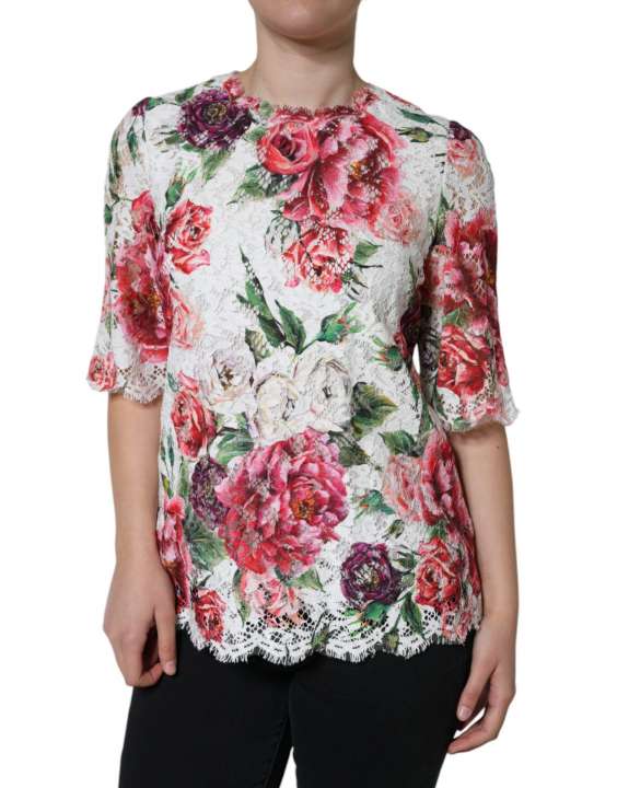 Priser på Dolce & Gabbana White Peony Lace Short Sleeves Blouse Top