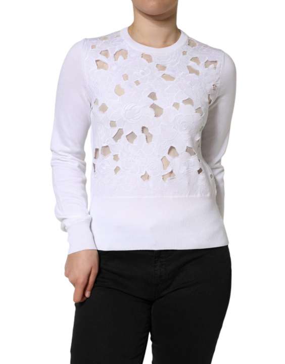 Priser på Dolce & Gabbana White Lace Cut Out Long Sleeves Pullover Sweater