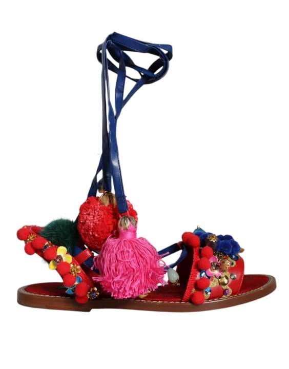 Priser på Dolce & Gabbana Multicolor Pom Pom Fur Wrap Sandals Shoes