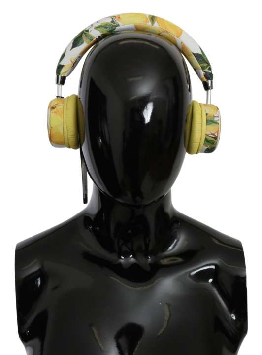 Priser på Dolce & Gabbana Chic White Leather Headphones with Yellow Print