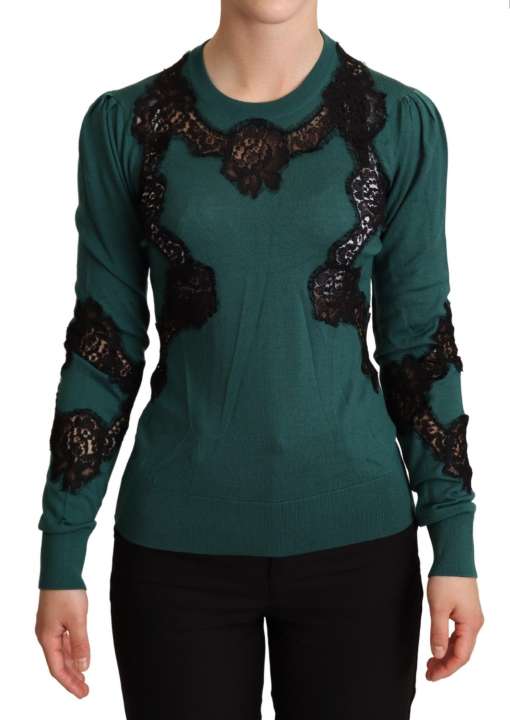 Priser på Dolce & Gabbana Elegant Green Pullover with Black Lace Detail