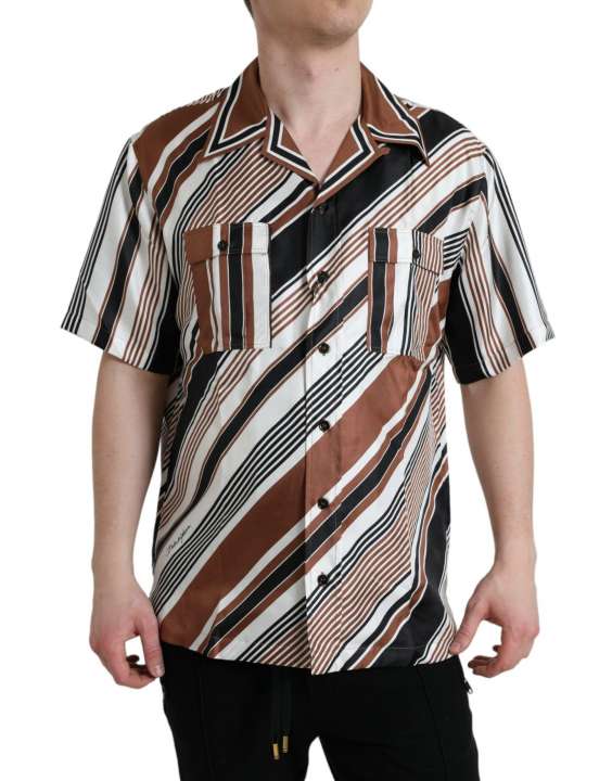 Priser på Dolce & Gabbana Brown White Silk Striped Short Sleeve Shirt