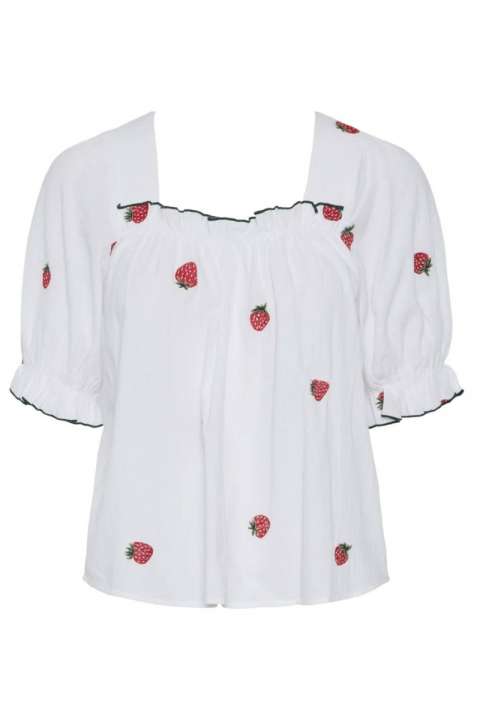 Priser på Pieces - Top - PC Selena SS Square Neck Top - Bright White Strawberries