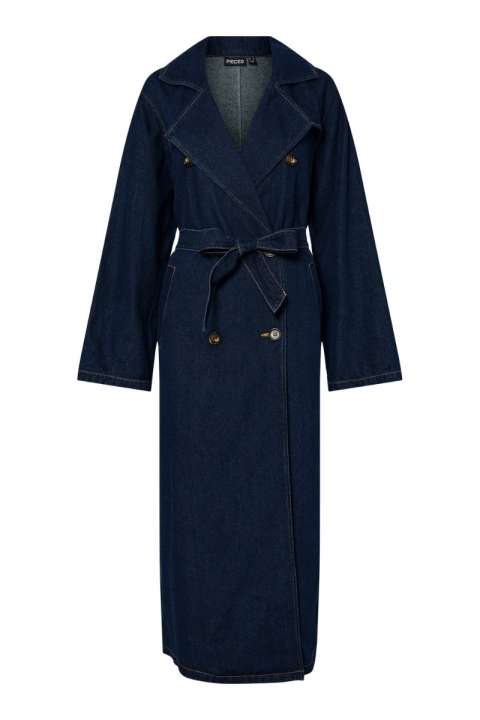 Priser på Pieces - Jakke - PC Freya Ls Long Denim Trenchcoat AU24 - Dark Blue Denim