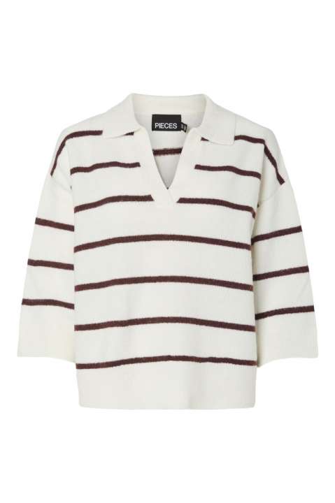 Priser på Pieces - Bluse - PC Mikela 3/4 V-Neck Polo Knit AU24 - Cloud Dancer/Tawny Port