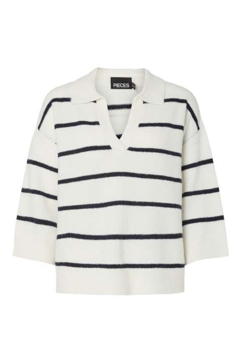 Priser på Pieces - Bluse - PC Mikela 3/4 V-Neck Polo Knit AU24 - Cloud Dancer/Maritime Bluse