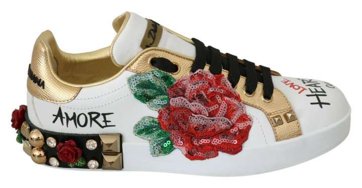 Priser på Dolce & Gabbana Elegant Sequined Floral Leather Sneakers