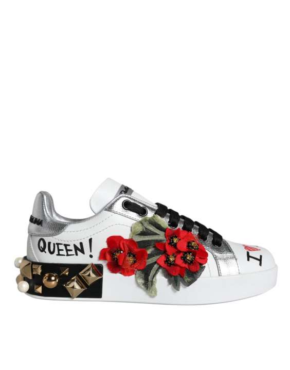 Priser på Dolce & Gabbana White Leather Floral Studded Sneakers Shoes