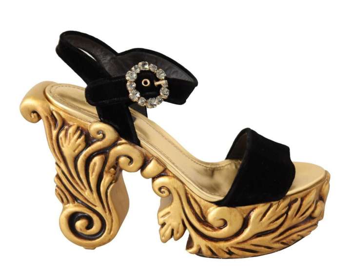 Priser på Dolce & Gabbana Baroque Velvet Heels in Black and Gold