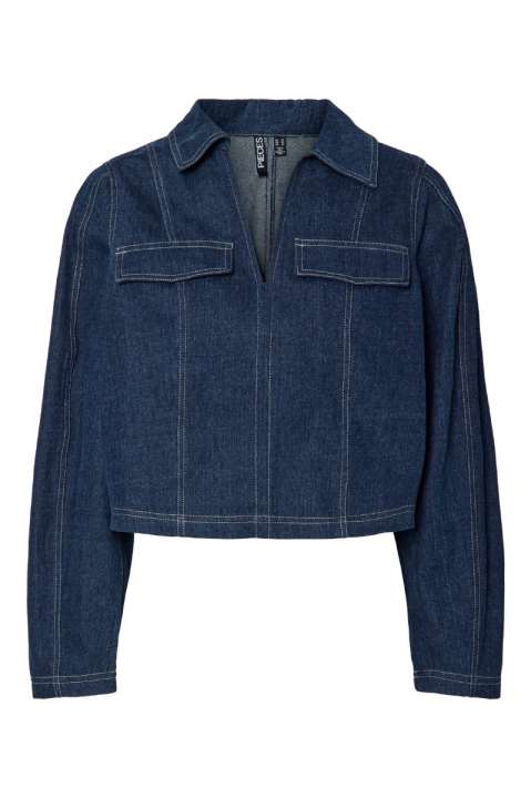 Priser på Pieces - Bluse - PC Fabia Ls V-Neck Denim Top AU24 - Dark Blue Denim