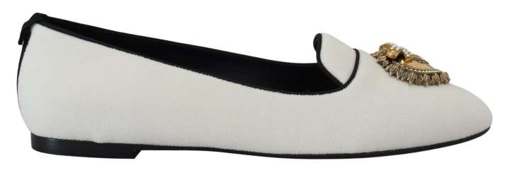 Priser på Dolce & Gabbana Elegant White Velvet Loafers with Gold Heart Detail