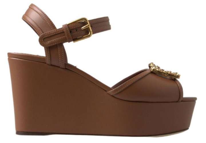 Priser på Dolce & Gabbana Chic Brown Leather Ankle Strap Wedges